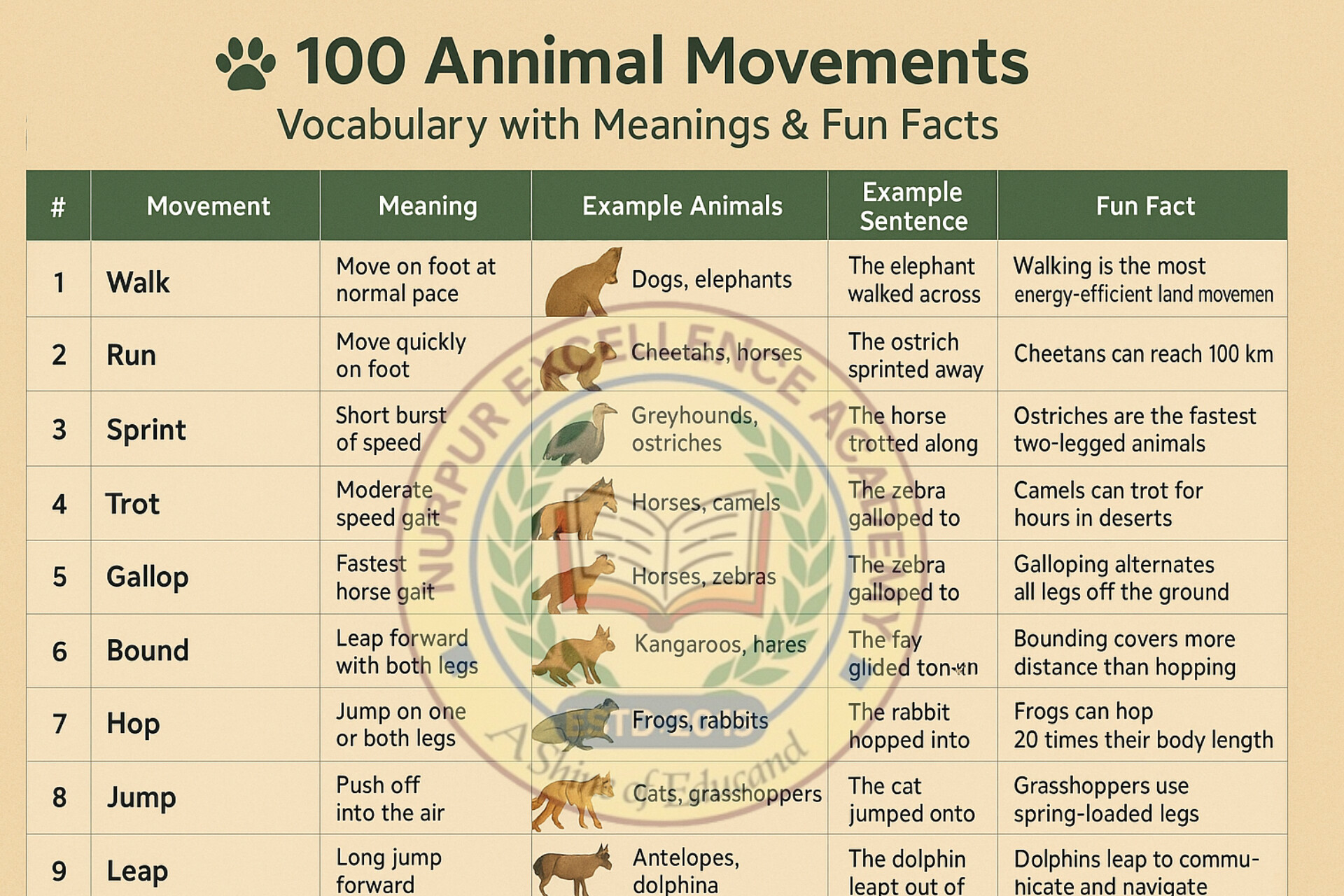 100 Animal Movement Vocabulary Words